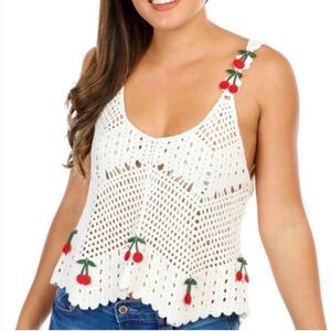 Rebellion Women Sz M Cherry Crochet Knit Crop Top Tank Festival‎ Boho Cute